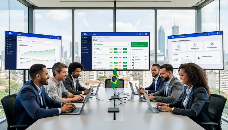 Business team collaborating on technology solutions with São Paulo skyline in background