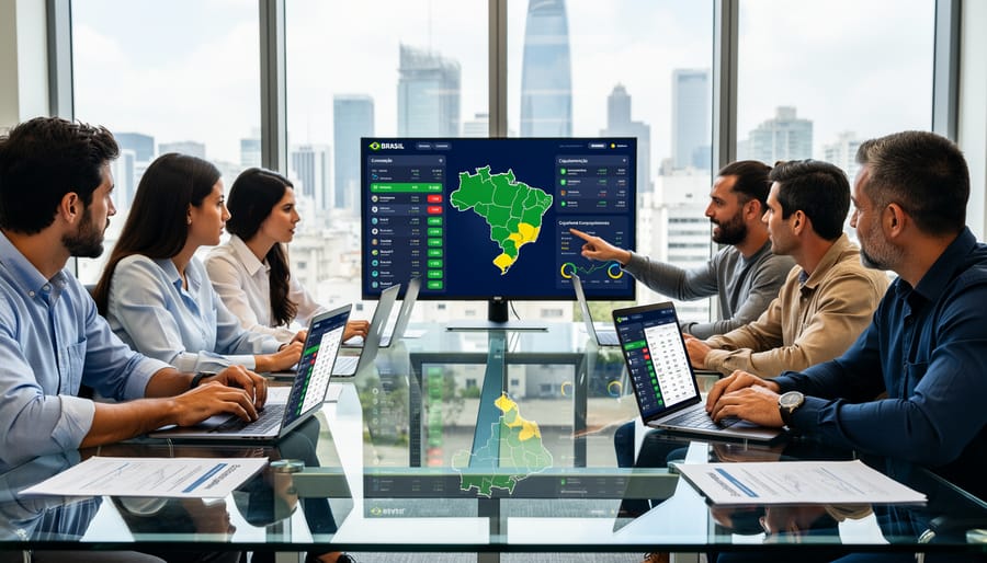 Modern technology workspace with laptop and Brazilian flag representing betting tech development