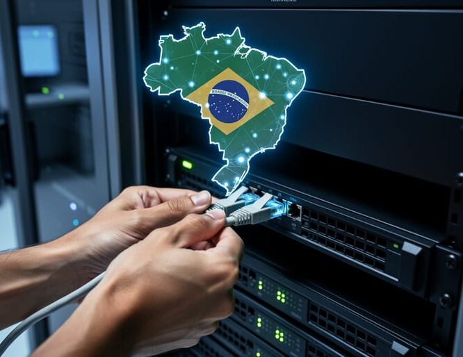 Close-up angled photo of hands plugging a network cable into a server, with a semi-transparent holographic outline of Brazil and glowing data nodes hovering above; soft studio lighting, shallow depth of field, blurred server racks and monitors in the background, conveying secure SIGAP API compliance.