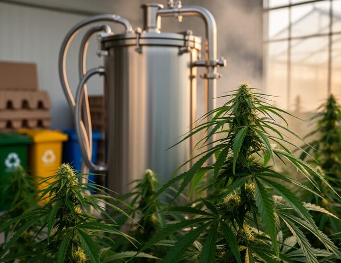Green hemp leaves in the foreground beside a stainless-steel extraction tank in a modern hemp-processing facility, with soft steam and a blurred background suggesting sustainable production.
