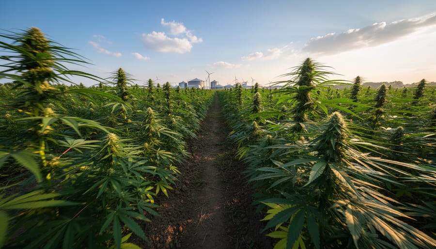 Industrial hemp field with tall green stalks swaying at golden hour
