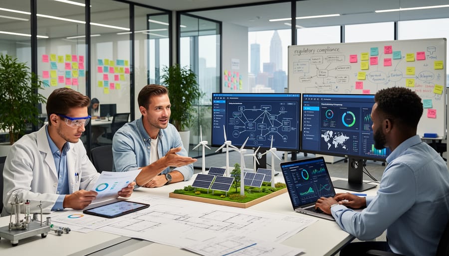 Multidisciplinary team collaborating with hemp biomass samples in a modern innovation workspace